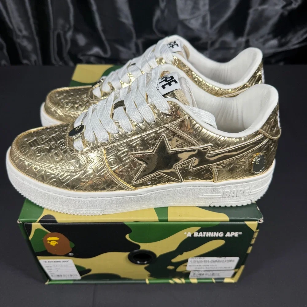 A Bathing Ape Bape Sta Gold Metallic Embossed Low Top Sneakers 1K80191305 Size 8
